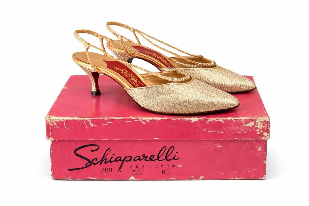Vintage Schiaparelli Paris New York Gold Rhinestone Slingback Heels 6.5 W/ Box